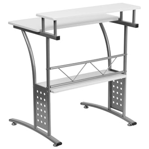 English Elm Clifton Compact Computer Desk with Monitor Shelf - Stylish Mixed-Media Design for Small Spaces White NAN-CLIFTON-WH-GG