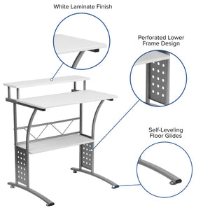 English Elm Clifton Compact Computer Desk with Monitor Shelf - Stylish Mixed-Media Design for Small Spaces White NAN-CLIFTON-WH-GG