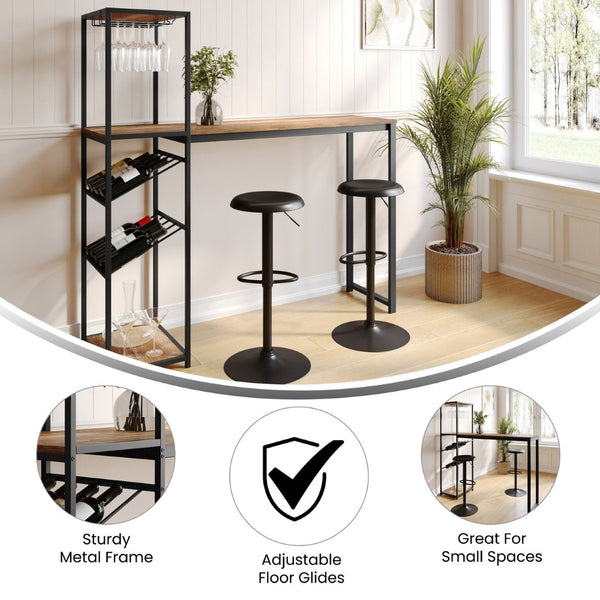 English Elm Jura Modern Bar and Wine Table with Slanted Shelves for Bottles & Stemware Storage, Stylish Design Light Brown Top/Black Frame NAN-F-HY-B23102-BLKBRN-GG