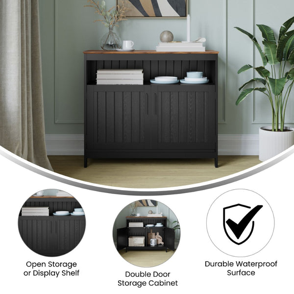 English Elm Mayfield 40" Classic Buffet and Sideboard with Stylish Storage and Elegant Display Options for Home Walnut Top/Black Frame NAN-F-HY-B23108-BLWAL-GG