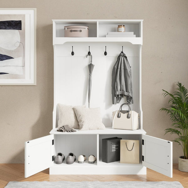 English Elm Fraser 40" Wide Hall Tree with Storage Bench, Coat Rack, and Upper Cubbies for Organized Entryway White NAN-FY-HY-HT04-WHT-GG