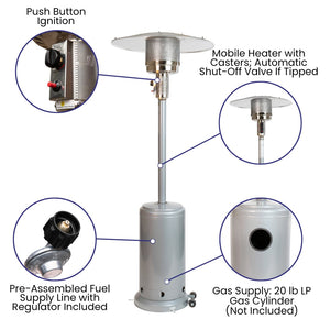 English Elm Sol Patio Outdoor Heater - 40,000 BTU Propane Unit with Wheels for Commercial & Residential Use Silver 90" High NAN-HSS-AGH-SL-GG