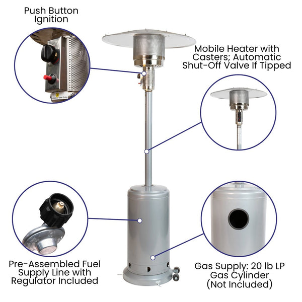 English Elm Sol Patio Outdoor Heater - 40,000 BTU Propane Unit with Wheels for Commercial & Residential Use Silver 90" High NAN-HSS-AGH-SL-GG
