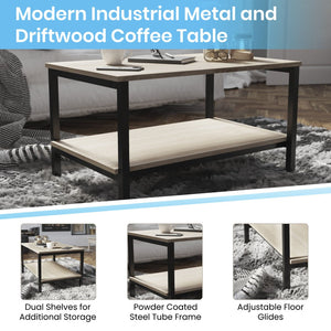 English Elm Finley Modern Industrial 2-Tier Coffee Table with Driftwood & Black Steel Frame for Versatile Spaces NAN-JH-17163-GG