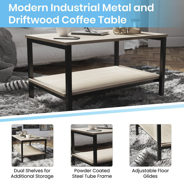 English Elm Finley Modern Industrial 2-Tier Coffee Table with Driftwood & Black Steel Frame for Versatile Spaces NAN-JH-17163-GG
