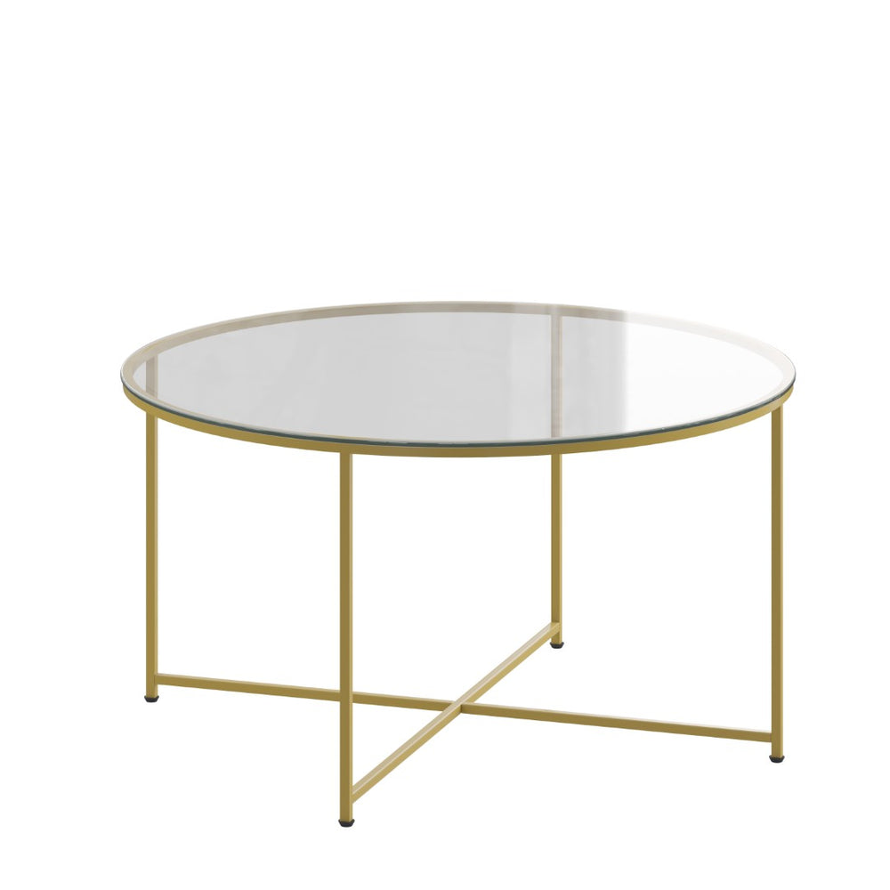 English Elm Greenwich Round Coffee Table - Chic Clear Glass Top with Gold Crisscross Frame for Modern Spaces NAN-JH-1786CT-GG