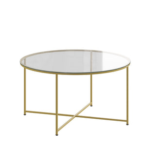 English Elm Greenwich Round Coffee Table - Chic Clear Glass Top with Gold Crisscross Frame for Modern Spaces NAN-JH-1786CT-GG