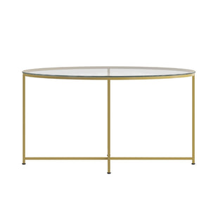 English Elm Greenwich Round Coffee Table - Chic Clear Glass Top with Gold Crisscross Frame for Modern Spaces NAN-JH-1786CT-GG