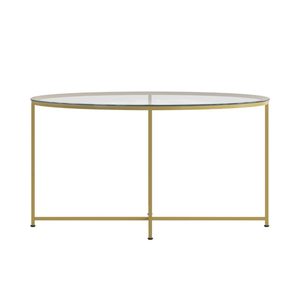 English Elm Greenwich Round Coffee Table - Chic Clear Glass Top with Gold Crisscross Frame for Modern Spaces NAN-JH-1786CT-GG