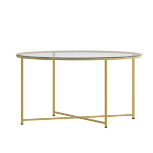 English Elm Greenwich Round Coffee Table - Chic Clear Glass Top with Gold Crisscross Frame for Modern Spaces NAN-JH-1786CT-GG