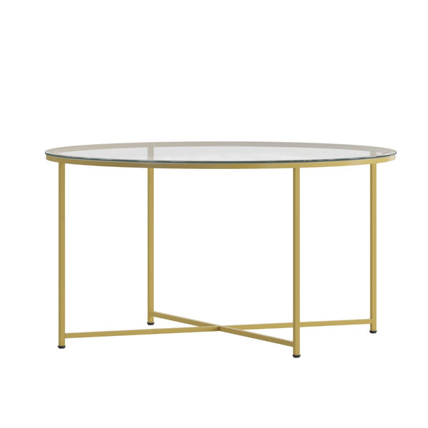 English Elm Greenwich Round Coffee Table - Chic Clear Glass Top with Gold Crisscross Frame for Modern Spaces NAN-JH-1786CT-GG