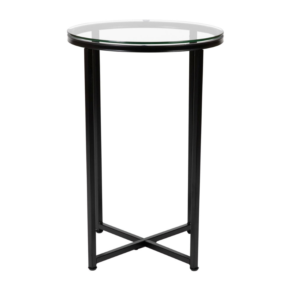 English Elm Greenwich Collection End Table - Sleek Modern Accent Piece with Sturdy Crisscross Metal Frame Design Clear Top/Matte Black Frame NAN-JH-1786ET-BK-GG