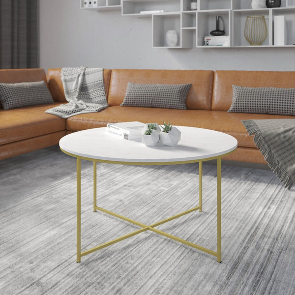 English Elm Hampstead Collection Coffee Table - Stylish Round Accent Table with Durable Mixed-Media Design White Marble Top/Brushed Gold Frame NAN-JH-1787CT-MRBL-GG