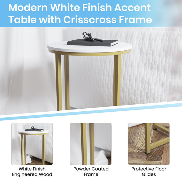 English Elm Hampstead Collection End Table - Sleek Modern Accent Table with Stylish Crisscross Metal Design White Top/Brushed Gold Frame NAN-JH-1787ET-GG