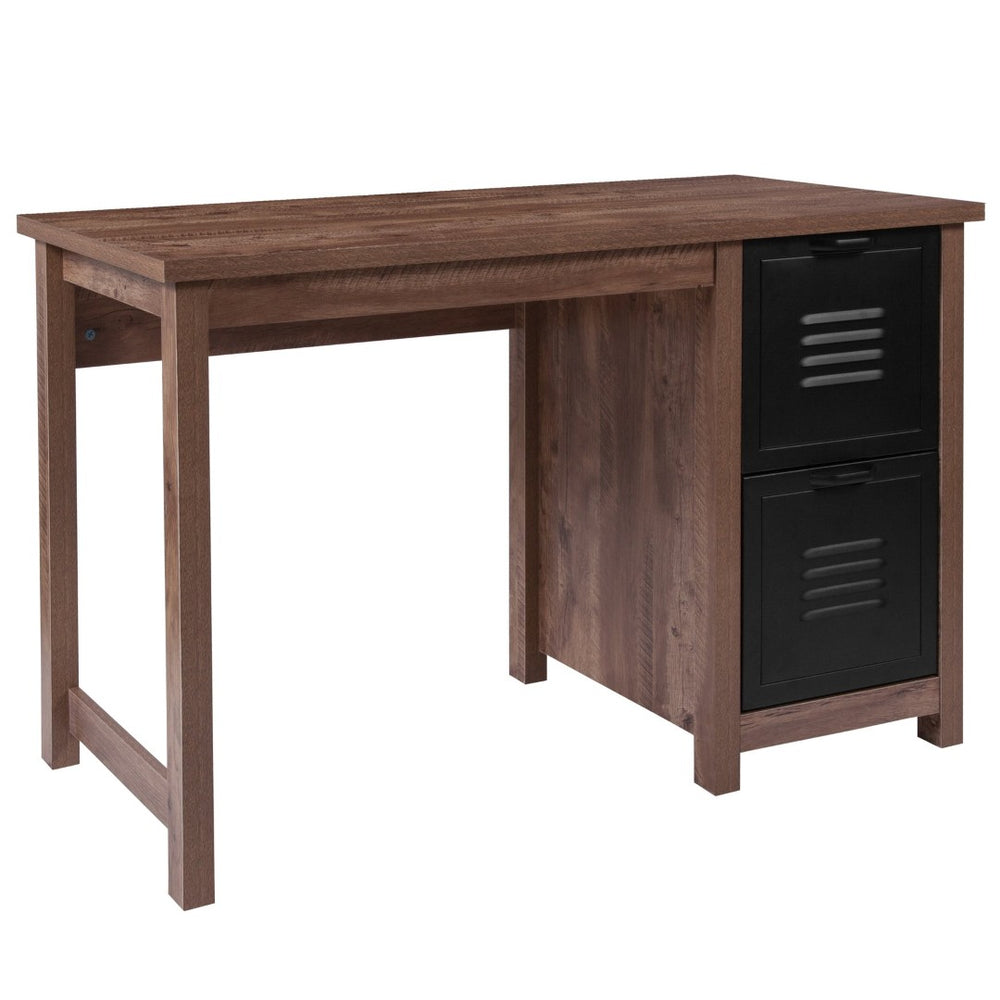 English Elm New Lancaster Collection Crosscut Oak Computer Desk with Metal Drawers - Industrial Style & Storage NAN-JN-21736T-GG