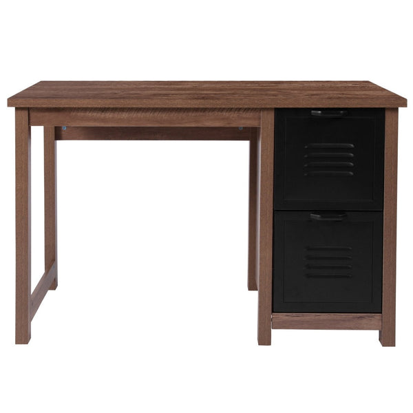English Elm New Lancaster Collection Crosscut Oak Computer Desk with Metal Drawers - Industrial Style & Storage NAN-JN-21736T-GG
