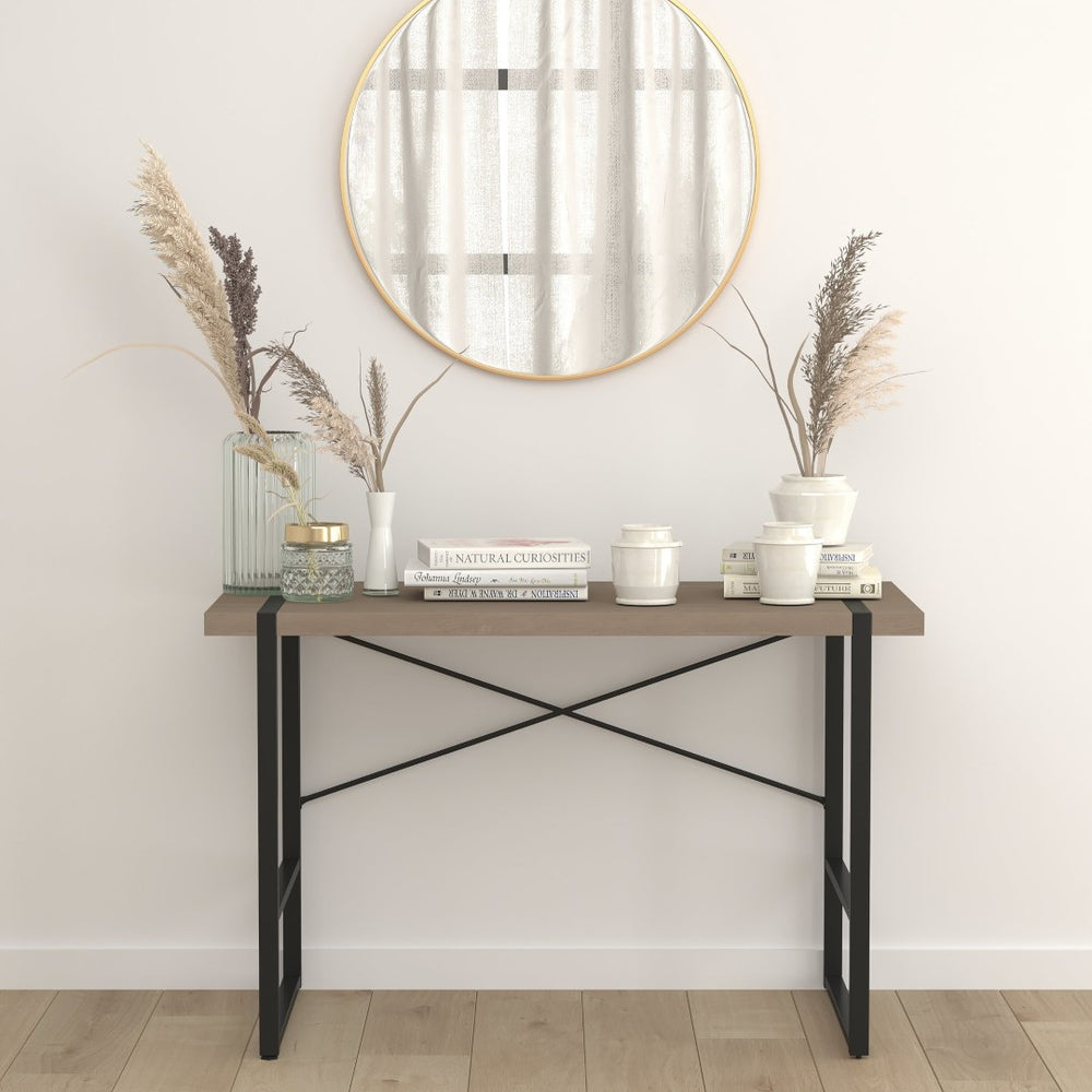 English Elm Hanover Rustic Wood Grain Console Table with Black Metal Frame – Stylish, Durable Entryway Accent NAN-JN-21738-GG