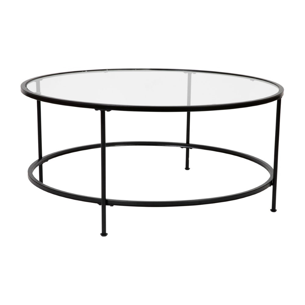 English Elm Astoria Round Coffee Table - Elegant Glass Surface with Durable Matte Black Steel Frame for Modern Spaces Clear Top/Matte Black Frame NAN-JN-21750CT-BK-GG