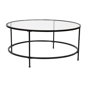 English Elm Astoria Round Coffee Table - Elegant Glass Surface with Durable Matte Black Steel Frame for Modern Spaces Clear Top/Matte Black Frame NAN-JN-21750CT-BK-GG