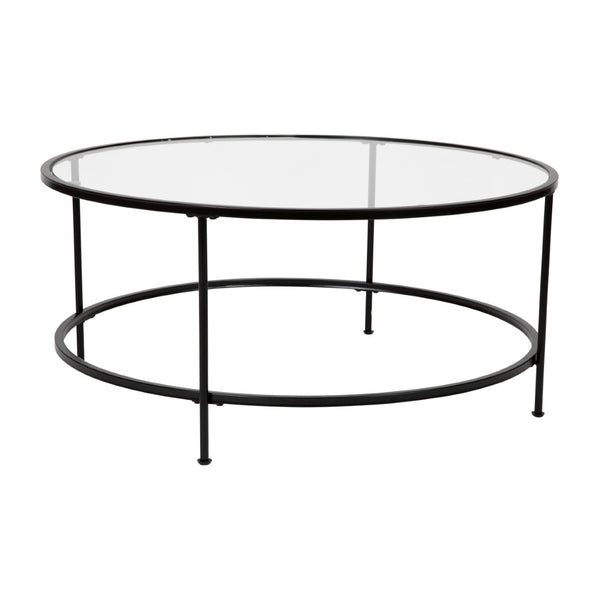 English Elm Astoria Round Coffee Table - Elegant Glass Surface with Durable Matte Black Steel Frame for Modern Spaces Clear Top/Matte Black Frame NAN-JN-21750CT-BK-GG
