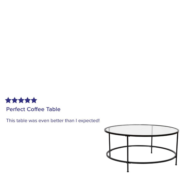 English Elm Astoria Round Coffee Table - Elegant Glass Surface with Durable Matte Black Steel Frame for Modern Spaces Clear Top/Matte Black Frame NAN-JN-21750CT-BK-GG
