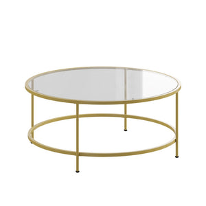 English Elm Astoria Round Coffee Table - Elegant Glass Surface with Durable Matte Black Steel Frame for Modern Spaces Clear Top/Brushed Gold Frame NAN-JN-21750CT-GG