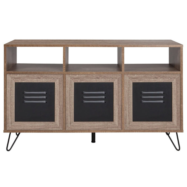 English Elm Woodridge 44"W Rustic Industrial Storage Console with Metal Doors & Open Shelves for Stylish Organization NAN-JN-21804CT-3-GG