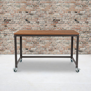 English Elm Livingston Modern Computer Table with Brown Oak Wood Grain, Locking Casters & Industrial Design NAN-JN-2522D-GG