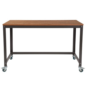 English Elm Livingston Modern Computer Table with Brown Oak Wood Grain, Locking Casters & Industrial Design NAN-JN-2522D-GG