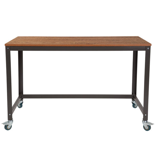English Elm Livingston Modern Computer Table with Brown Oak Wood Grain, Locking Casters & Industrial Design NAN-JN-2522D-GG