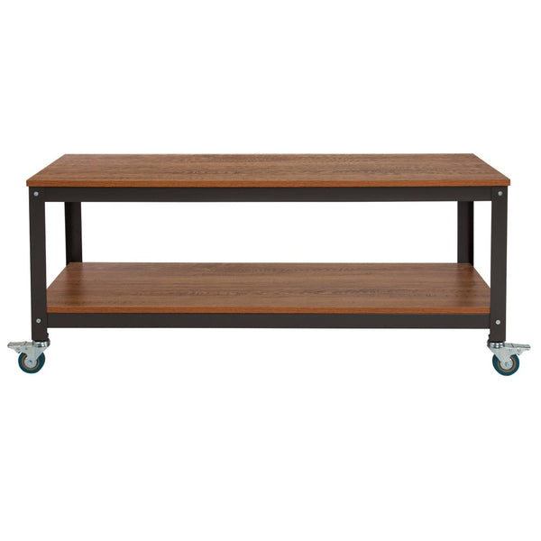 English Elm Livingston Industrial TV Stand with Brown Oak Finish & Metal Wheels for Modern Living Spaces NAN-JN-2522TR-GG