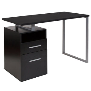 English Elm Harwood Modern Computer Desk with Two Spacious Drawers and Industrial Silver Metal Frame Design Dark Ash NAN-JN-2634-G-GG