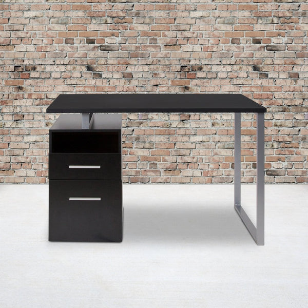 English Elm Harwood Modern Computer Desk with Two Spacious Drawers and Industrial Silver Metal Frame Design Dark Ash NAN-JN-2634-G-GG