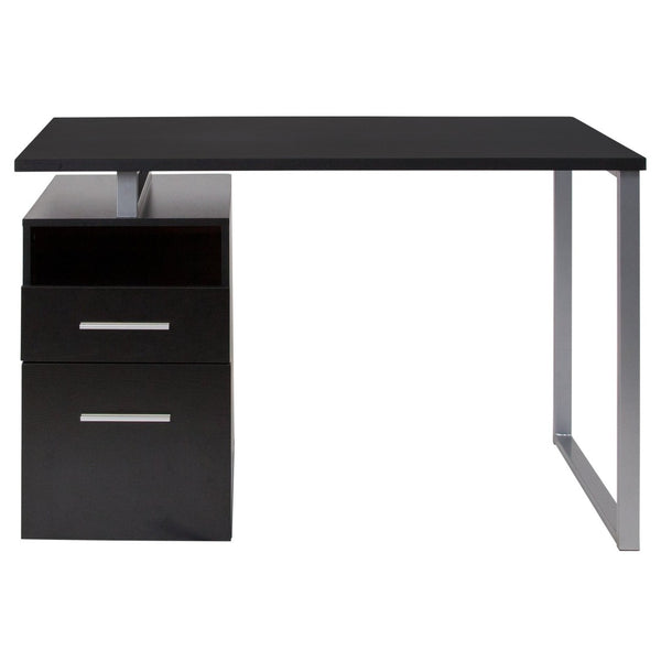 English Elm Harwood Modern Computer Desk with Two Spacious Drawers and Industrial Silver Metal Frame Design Dark Ash NAN-JN-2634-G-GG
