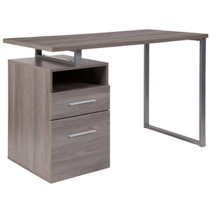 English Elm Harwood Modern Computer Desk with Two Spacious Drawers and Industrial Silver Metal Frame Design Light Ash NAN-JN-2634-GG