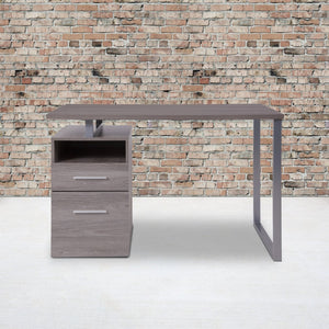 English Elm Harwood Modern Computer Desk with Two Spacious Drawers and Industrial Silver Metal Frame Design Light Ash NAN-JN-2634-GG