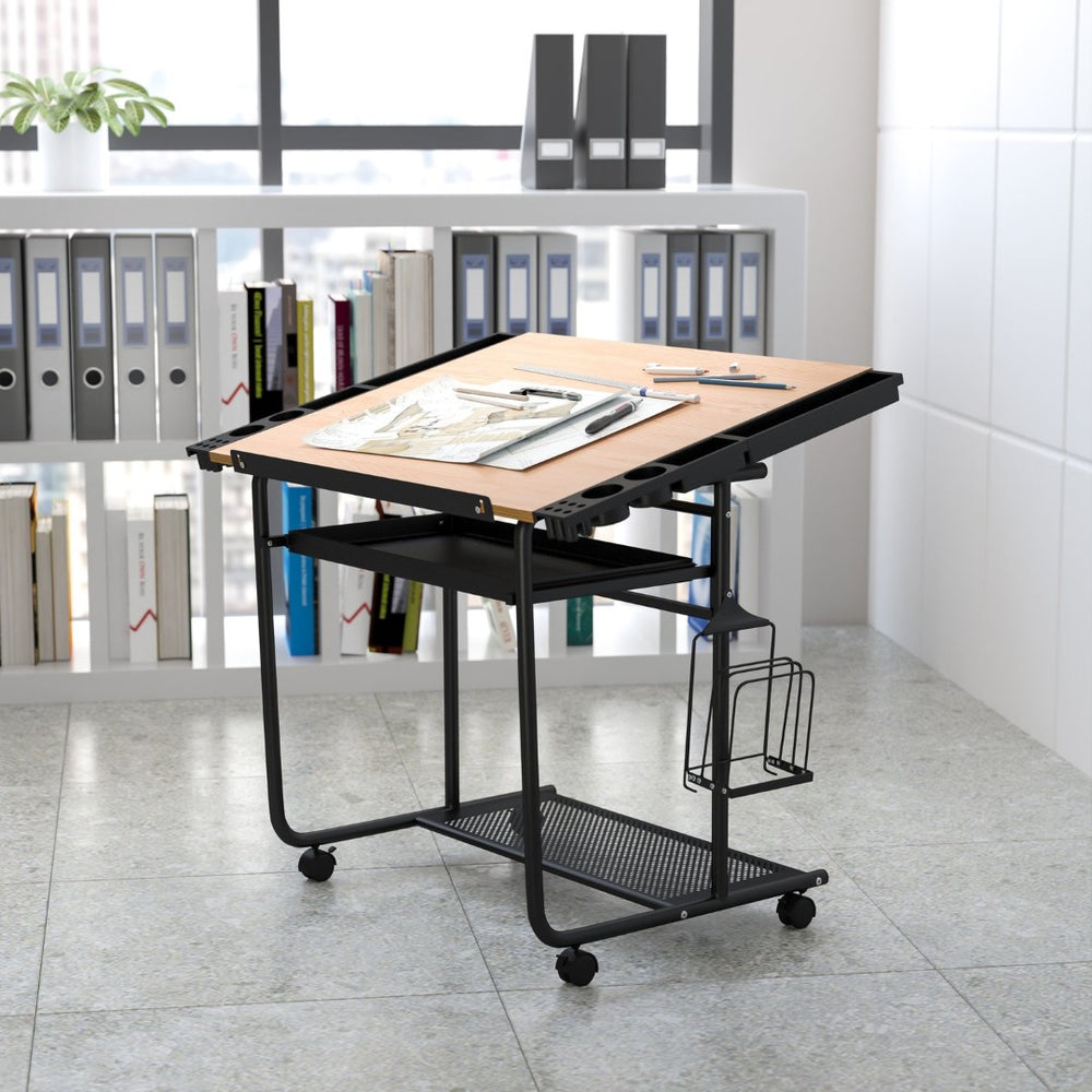 English Elm Swanson Adjustable Drafting Table with Tilt Surface, Storage, Mobility, and Stylish Black Frame NAN-JN-2739-GG
