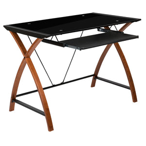English Elm Jude Modern Glass Computer Desk with Space-Saving Keyboard Tray and Stylish Crisscross Support Black Top/Cherry Frame NAN-JN-2824S-BK-GG