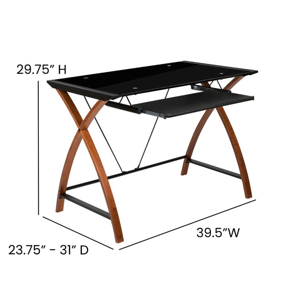 English Elm Jude Modern Glass Computer Desk with Space-Saving Keyboard Tray and Stylish Crisscross Support Black Top/Cherry Frame NAN-JN-2824S-BK-GG