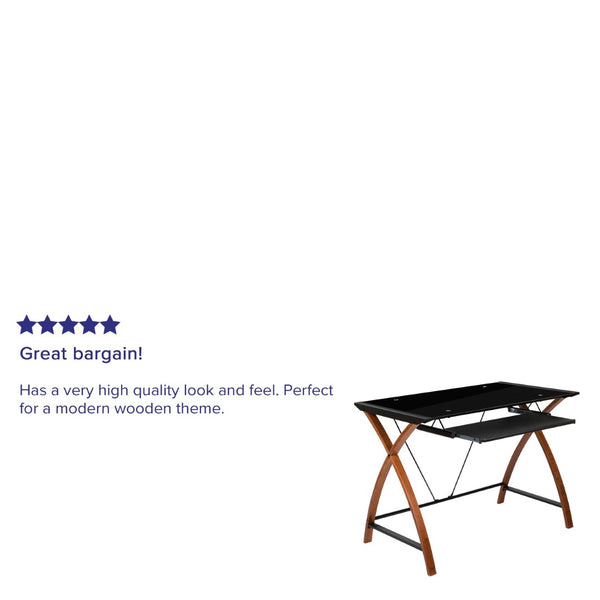 English Elm Jude Modern Glass Computer Desk with Space-Saving Keyboard Tray and Stylish Crisscross Support Black Top/Cherry Frame NAN-JN-2824S-BK-GG