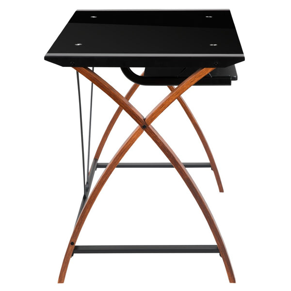 English Elm Jude Modern Glass Computer Desk with Space-Saving Keyboard Tray and Stylish Crisscross Support Black Top/Cherry Frame NAN-JN-2824S-BK-GG