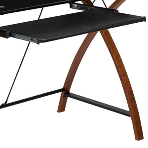 English Elm Jude Modern Glass Computer Desk with Space-Saving Keyboard Tray and Stylish Crisscross Support Black Top/Cherry Frame NAN-JN-2824S-BK-GG