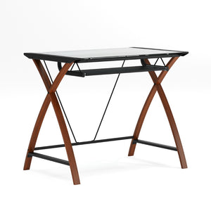 English Elm Jude Modern Glass Computer Desk with Space-Saving Keyboard Tray and Stylish Crisscross Support Clear Top/Cherry Frame NAN-JN-2824S-GG