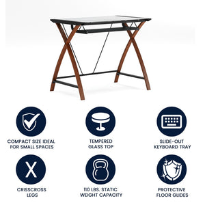 English Elm Jude Modern Glass Computer Desk with Space-Saving Keyboard Tray and Stylish Crisscross Support Clear Top/Cherry Frame NAN-JN-2824S-GG