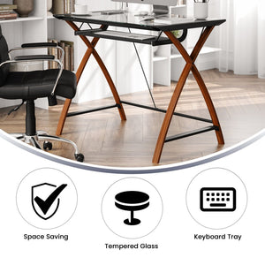 English Elm Jude Modern Glass Computer Desk with Space-Saving Keyboard Tray and Stylish Crisscross Support Clear Top/Cherry Frame NAN-JN-2824S-GG