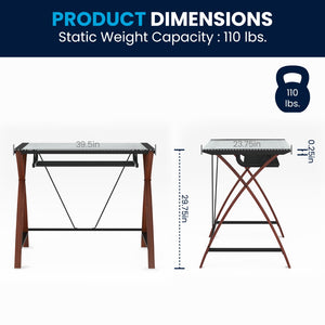 English Elm Jude Modern Glass Computer Desk with Space-Saving Keyboard Tray and Stylish Crisscross Support Clear Top/Cherry Frame NAN-JN-2824S-GG