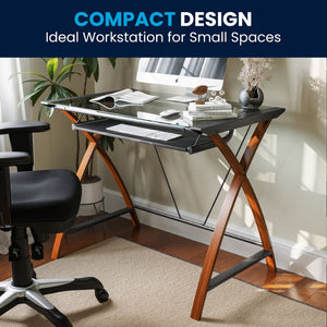 English Elm Jude Modern Glass Computer Desk with Space-Saving Keyboard Tray and Stylish Crisscross Support Clear Top/Cherry Frame NAN-JN-2824S-GG