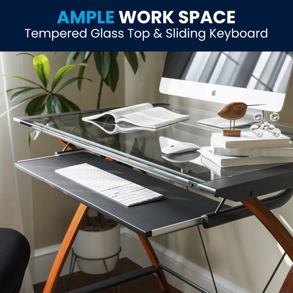 English Elm Jude Modern Glass Computer Desk with Space-Saving Keyboard Tray and Stylish Crisscross Support Clear Top/Cherry Frame NAN-JN-2824S-GG