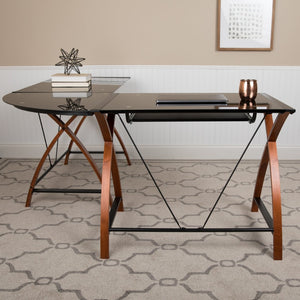 English Elm Jude Modern Black Glass L-Shape Corner Desk with Pull-Out Tray for Stylish Home Office Solutions NAN-JN-2824SL-COMBO-BK-GG