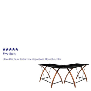 English Elm Jude Modern Black Glass L-Shape Corner Desk with Pull-Out Tray for Stylish Home Office Solutions NAN-JN-2824SL-COMBO-BK-GG